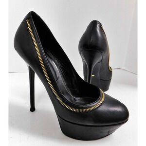 Sergio Rossi Black Leather Gold Zipper Platform Stiletto Pumps EU‎ 38